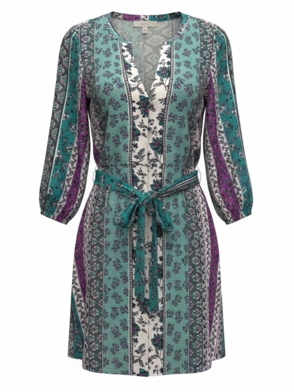 LOFT - Long Sleeve Paisley Floral Dress - Green, Purple, White